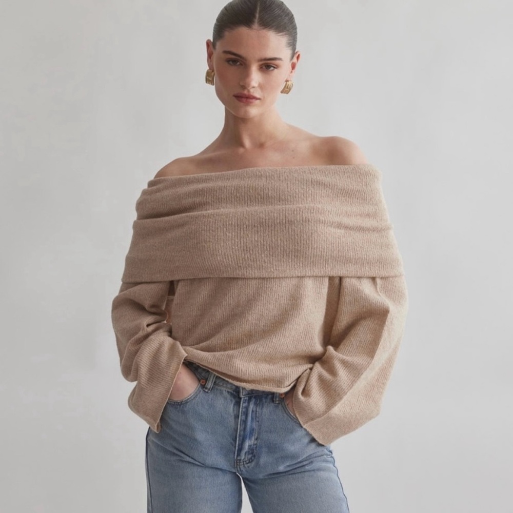 H&M Off-Shoulder Sweater in Soft Beige